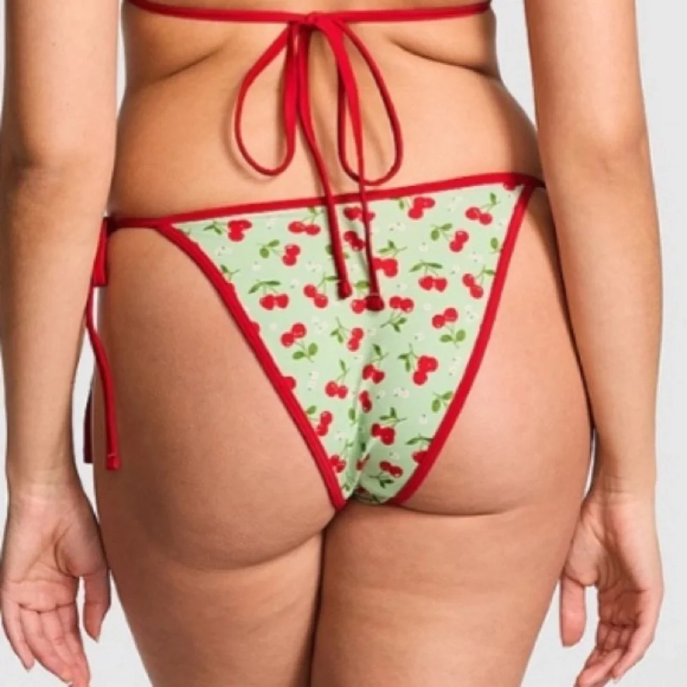 New! Frankie’s Bikinis x Pink Cherry Print Bikini Bottom green 1542